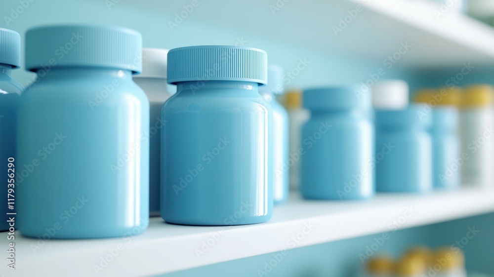 Row of Light Blue Medicine Bottles on White Shelf Pharmacy Healthcare Vitamins Row of Light Blue Medicine Bottles on White Shelf Pharmacy Healthcare Vitamins
