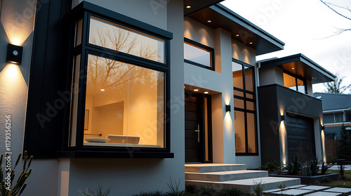 Wallpaper Mural Modern two-story house at dusk.  Exterior features large windows, dark frames, and exterior lighting.  Light gray siding and dark gray accents are visible.  Steps lead to the main entrance. Torontodigital.ca