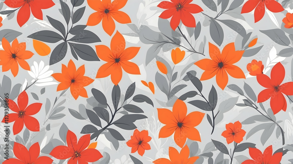 Flower and plants background, minimalist patterns use for graphic design or wallpaper. using colors red, orange, grey Flower and plants background, minimalist patterns use for graphic design or wallpaper. using colors red, orange, grey