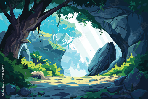 Fairy tale Forest cave Flat style cartoon vector illustration isolated on a white background