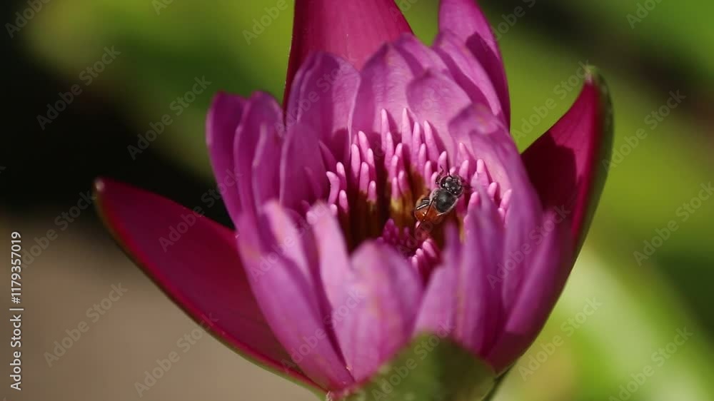 Pink Lotus with Bee: A bee diligently collects nectar from the vibrant pink petals of a lotus flower, showcasing the delicate beauty of nature's cycle. Pink Lotus with Bee: A bee diligently collects nectar from the vibrant pink petals of a lotus flower, showcasing the delicate beauty of nature's cycle.