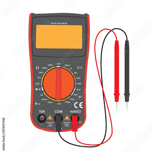 Digital Multimeter with red and black leads that can be used to test ohms, voltage and amps with electrical wiring used by electricians.
