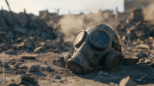 PostApocalyptic Gas Mask Ruins Dust Destruction Debris Scene photo