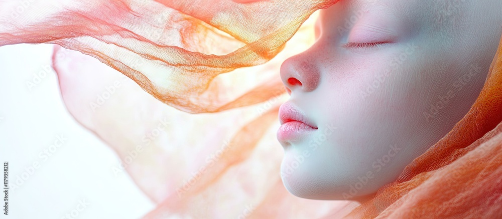 Serene girl's face with flowing fabric. Serene girl's face with flowing fabric.