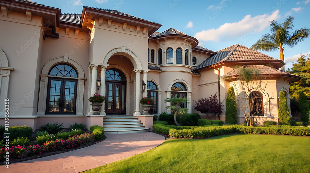 Large, tan stucco house with arched windows and entryway. Landscaped lawn and gardens are visible. Copper-colored roof. Classical architectural style. Large, tan stucco house with arched windows and entryway. Landscaped lawn and gardens are visible. Copper-colored roof. Classical architectural style.