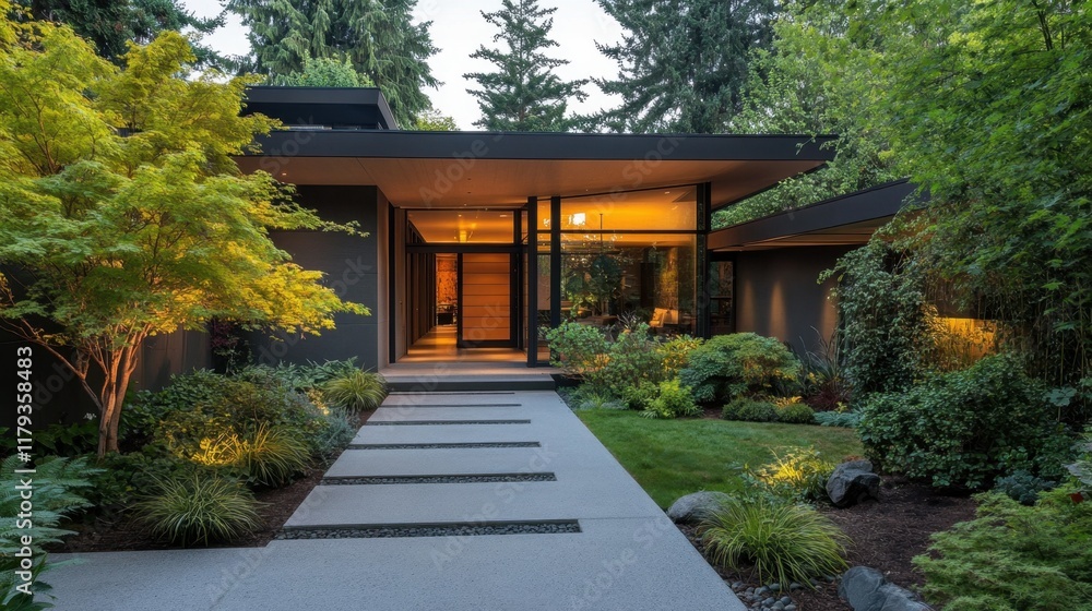 Naklejka premium A modern home entrance surrounded by lush landscaping, with sleek design and a pathway leading the way, creating a stylish and welcoming environment.