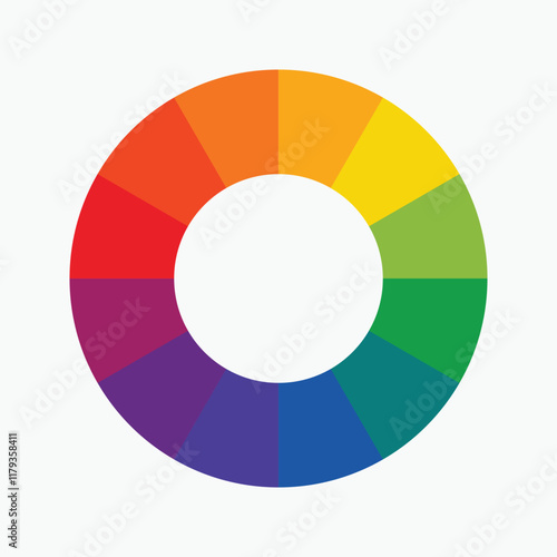 Twelve part RGB color wheel featuring red, blue, yellow, green, orange, and purple, presented as a vector design on a white background.