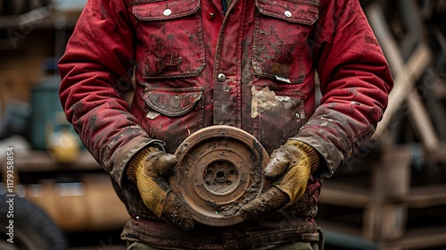 Wallpaper Mural A Mechanic Holding a Dirty Wheel in a Busy Garage Scene
 Torontodigital.ca