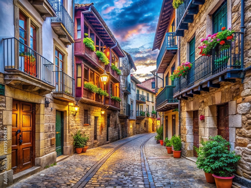 Fototapeta premium Charming Medieval Street in Aviles' Carbayedo, Asturias, Spain