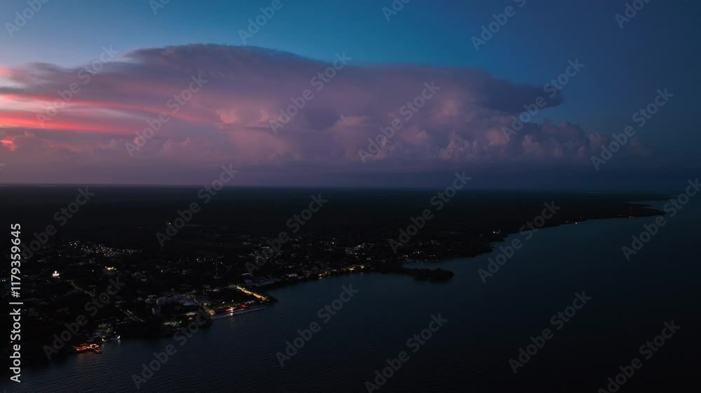 Thunder lightning over Chetumal coastal city at night, Quintana Roo, Drone view Thunder lightning over Chetumal coastal city at night, Quintana Roo, Drone view