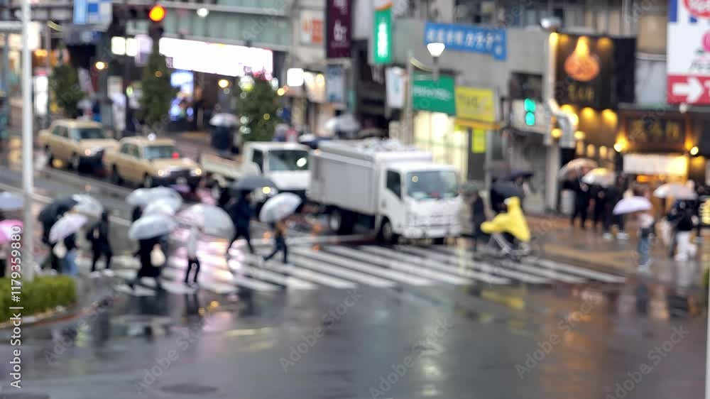 冬の雨の日に横断歩道を行き交う人々 冬の雨の日に横断歩道を行き交う人々