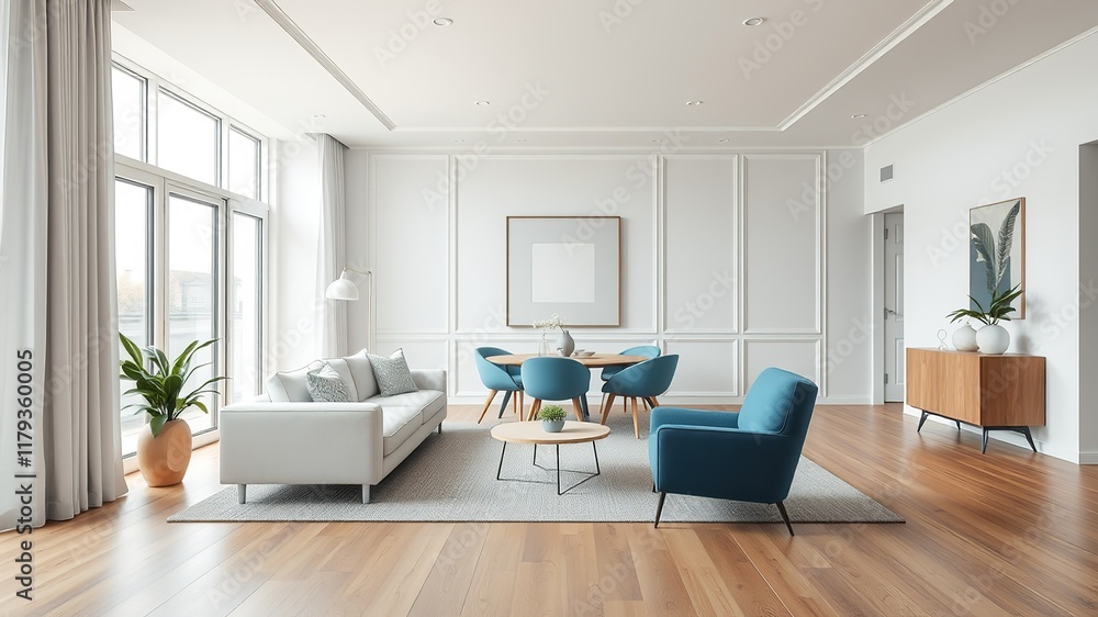 Fototapeta premium Minimalist Living Room, White Sofa, Blue Armchair, Modern Dining Area, Light Grey Walls, Wooden Floor, AI Photo