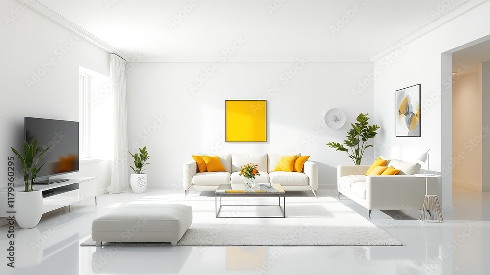 Fototapeta premium Minimalist White Living Room with Yellow Accent - AI Photo