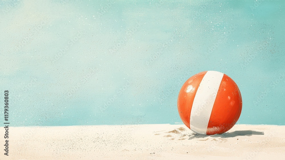 Obraz premium Bright Orange Beach Ball on Sandy Shore with Blue Sky Background Relaxing Summer Vibe