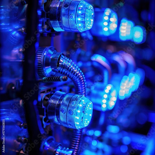 Captivating Close-Up: Illuminated Industrial Contactors in Macro Perspective, Embracing Blue LED Lights and Cutting-Edge Technology photo