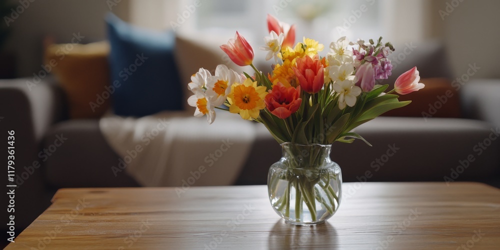 A vibrant bouquet of colorful flowers in a clear glass vase on a wooden table. The flowers bring a fresh and cheerful atmosphere to the cozy living room setting. A vibrant bouquet of colorful flowers in a clear glass vase on a wooden table. The flowers bring a fresh and cheerful atmosphere to the cozy living room setting.