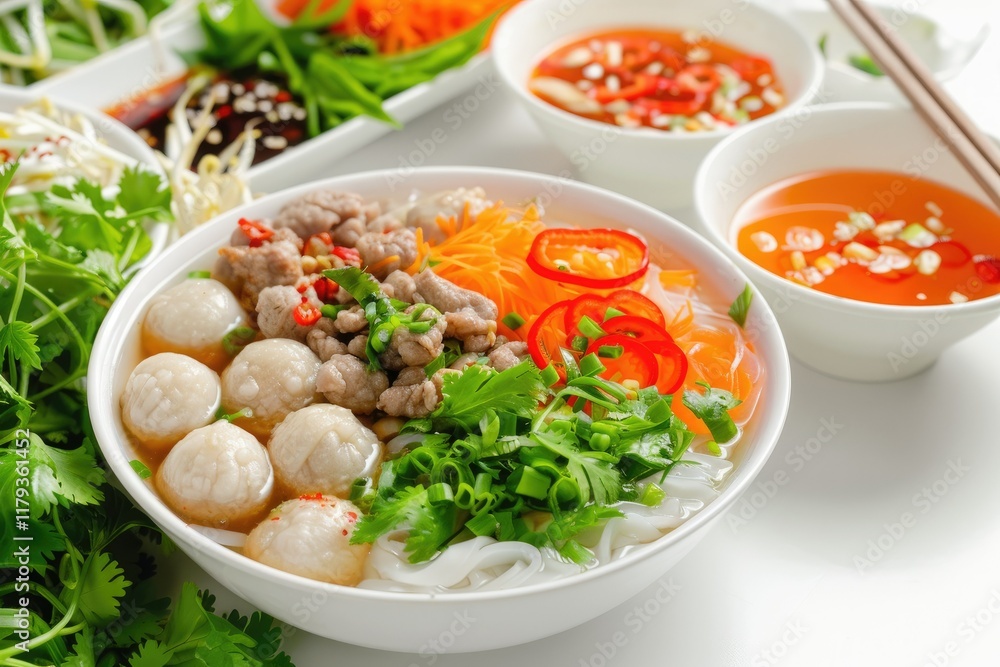 Premium Quality Image of Bun Cha, a Traditional Vietnamese Food with a White Background Premium Quality Image of Bun Cha, a Traditional Vietnamese Food with a White Background