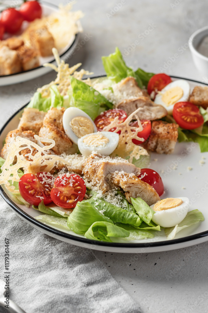 Caesar salad with fried chicken, cherry tomatoes, croutons, cheese chips, parmesan, lettuce and eggs in white plate on light background. Stylish restaurant serving Caesar salad with fried chicken, cherry tomatoes, croutons, cheese chips, parmesan, lettuce and eggs in white plate on light background. Stylish restaurant serving