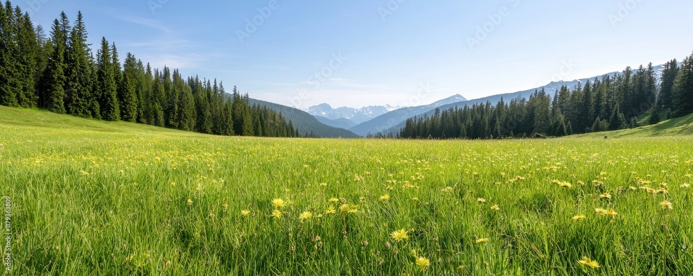 Fototapeta premium Serene Summer Meadow with Mountains in Background