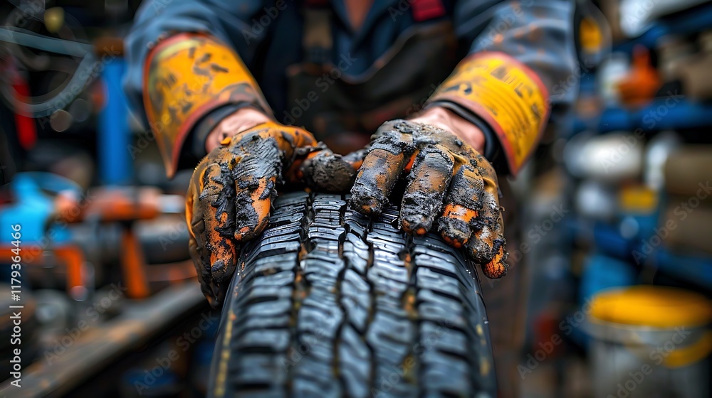 A Mechanic Holding a Dirty Wheel in a Busy Garage Scene
A Mechanic Holding a Dirty Wheel in a Busy Garage Scene