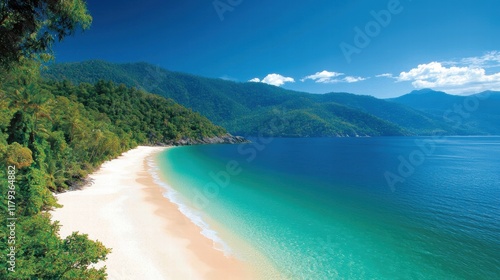 Breathtaking Island Landscape with Crystal Clear Water and Lush Green Mountains