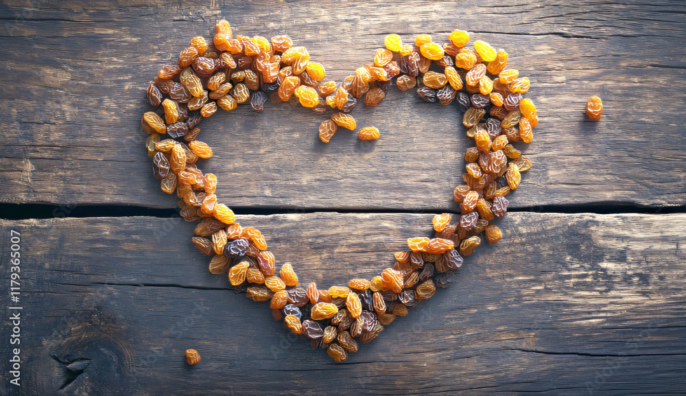 Raisins Arranged in Heart Shape on Rustic Wood Raisins Arranged in Heart Shape on Rustic Wood