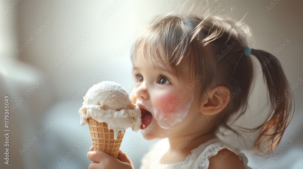 Young child enjoys delicious ice cream cone indoors during warm afternoon light. Generative AI Young child enjoys delicious ice cream cone indoors during warm afternoon light. Generative AI