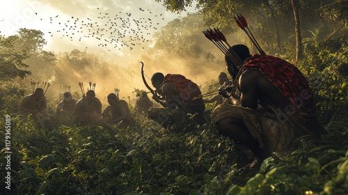 Indigenous hunters prepare for a strategic approach in a dense forest at dusk. Generative AI