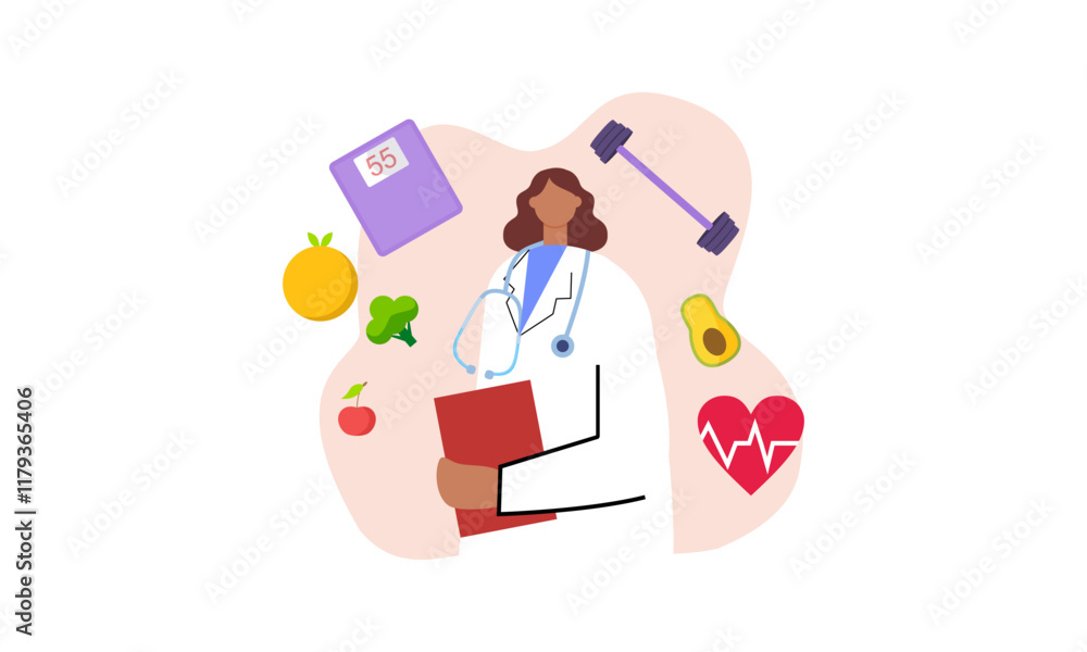 Nutritionist woman with weight loss program and diet plan. Healthy food, vitamins, sport icons Nutritionist woman with weight loss program and diet plan. Healthy food, vitamins, sport icons