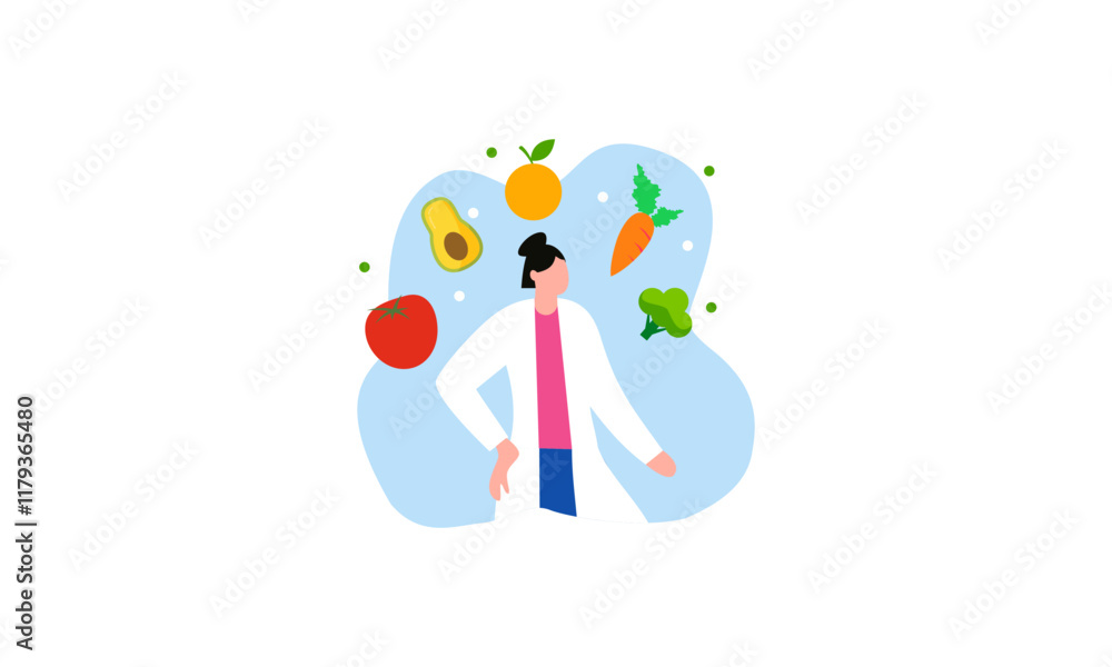 Nutritionist woman with weight loss program and diet plan. Healthy food, vitamins, sport icons Nutritionist woman with weight loss program and diet plan. Healthy food, vitamins, sport icons