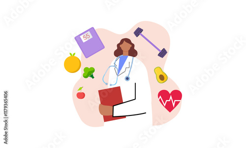 Nutritionist woman with weight loss program and diet plan. Healthy food, vitamins, sport icons