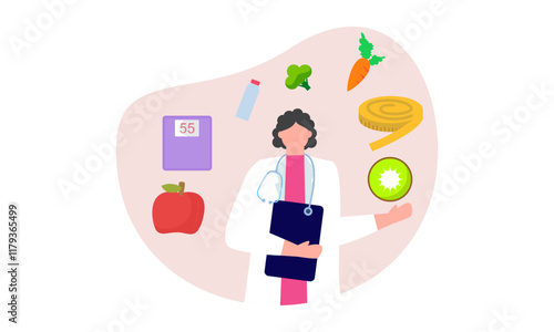 Nutritionist woman with weight loss program and diet plan. Healthy food, vitamins, sport icons