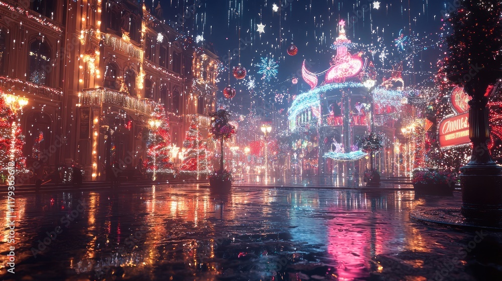 Obraz premium Magical Christmas Night in the City: A Rainy Night's Delight