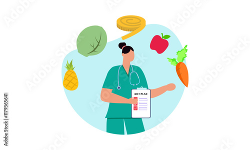 Nutritionist woman with weight loss program and diet plan. Healthy food, vitamins, sport icons