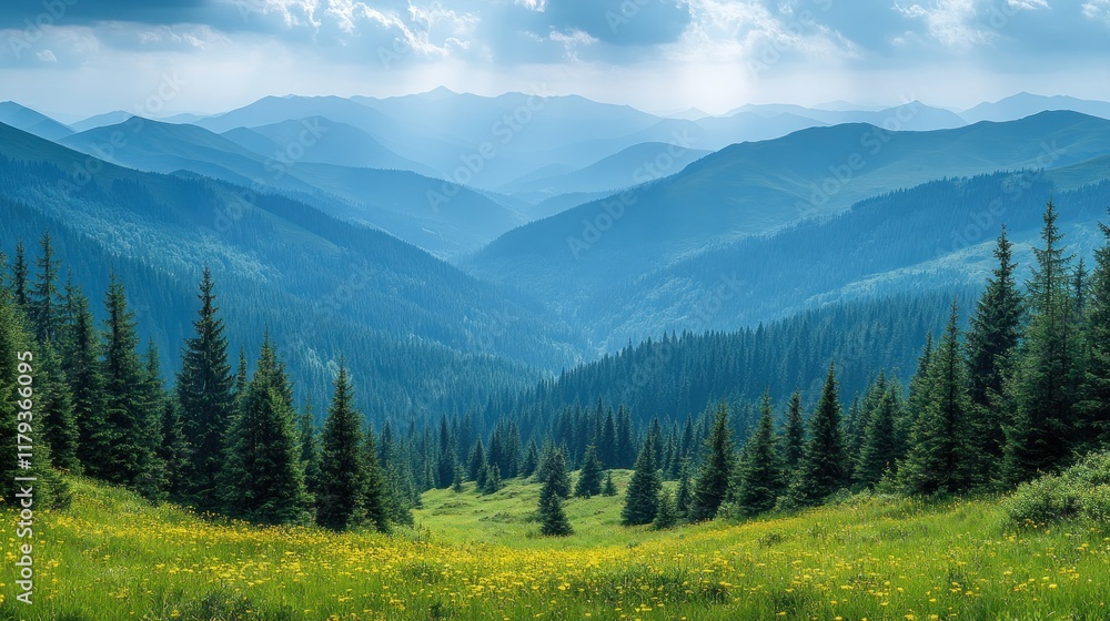 A serene mountain valley with lush greenery and distant peaks under a cloudy sky. A serene mountain valley with lush greenery and distant peaks under a cloudy sky.