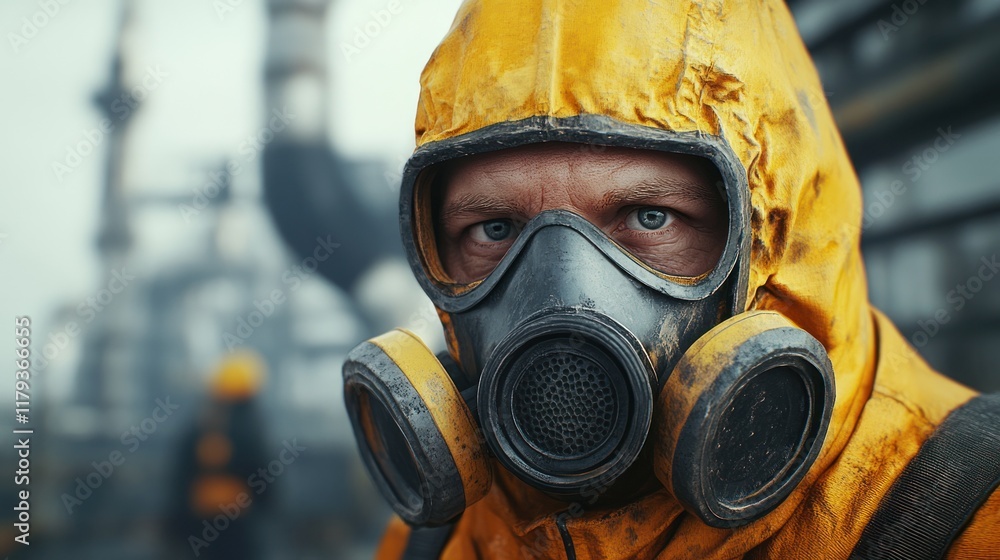 Worker in protective suit faces challenges at industrial site during cloudy day. Generative AI Worker in protective suit faces challenges at industrial site during cloudy day. Generative AI