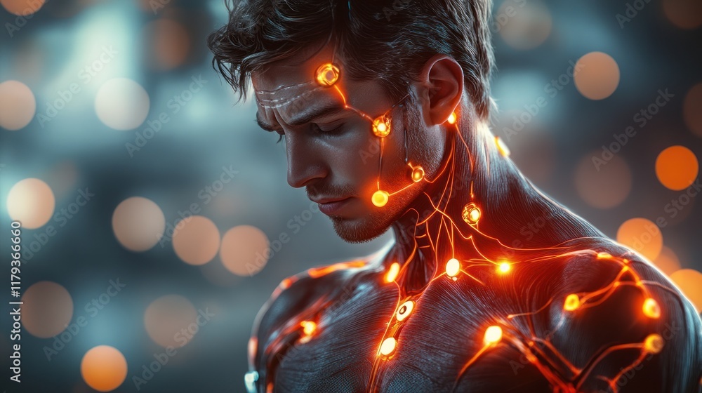 Futuristic human with glowing circuit patterns contemplating in a surreal, illuminated environment. Generative AI Futuristic human with glowing circuit patterns contemplating in a surreal, illuminated environment. Generative AI