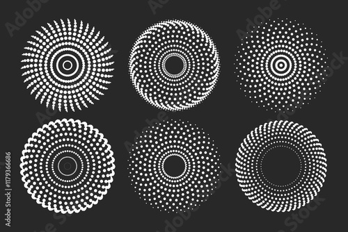 Dot radial pattern halftone, downloads circular dots progress motion, vector icons design elements.