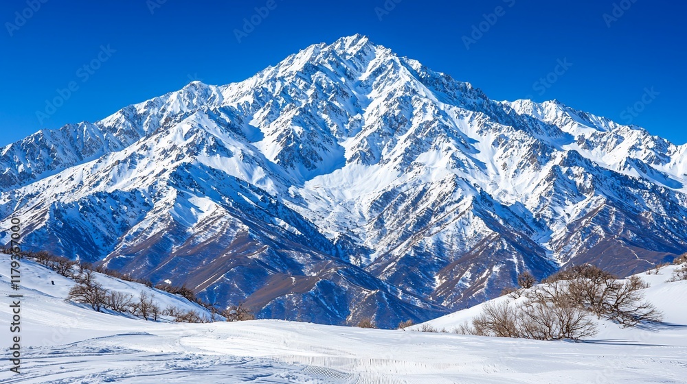 Obraz premium Majestic snow-capped mountain peak under a clear blue sky.