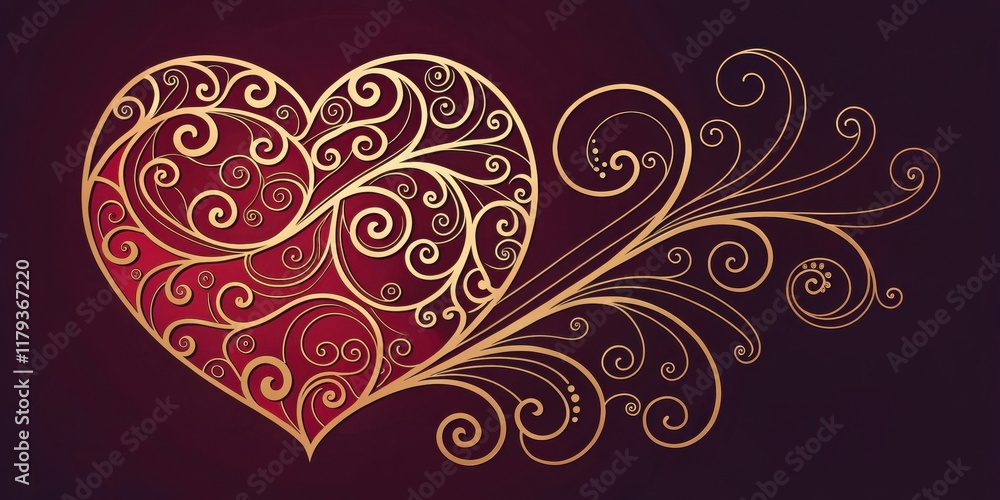 Ornate Golden Heart with Swirling Floral Design on Deep Burgundy Background Ornate Golden Heart with Swirling Floral Design on Deep Burgundy Background
