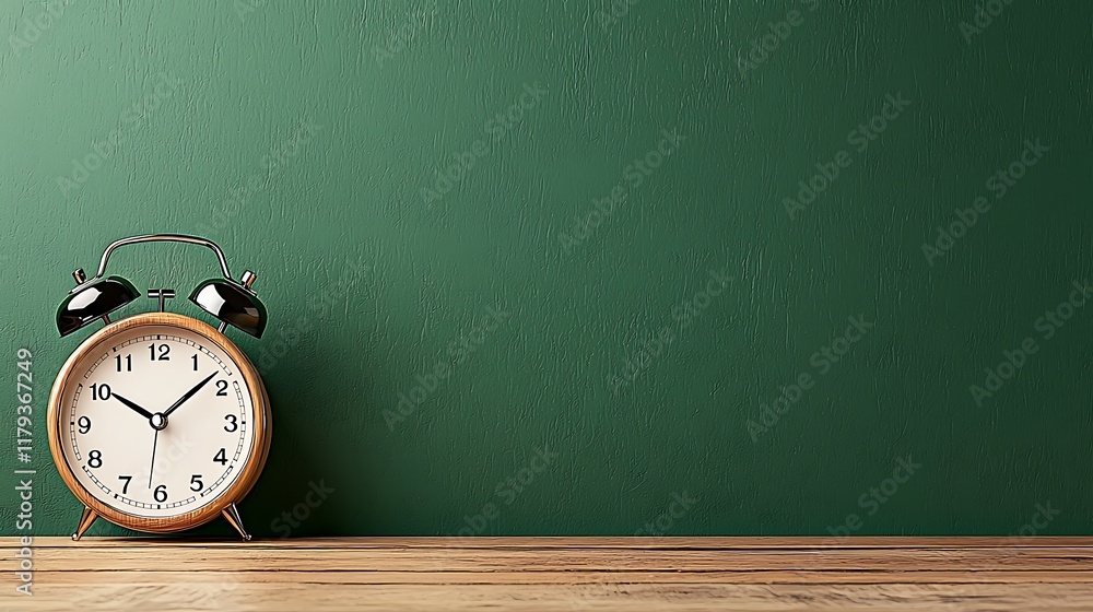 Retro alarm clock on wooden surface against green wall. Retro alarm clock on wooden surface against green wall.