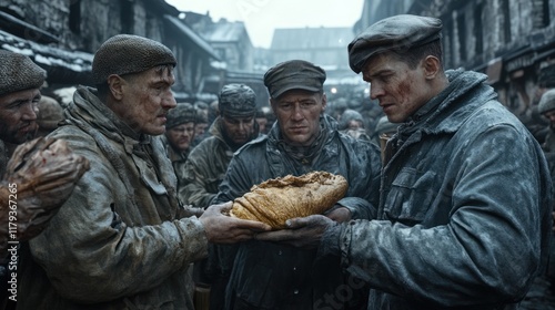 Struggles of survival in a cold, crowded setting as men share a loaf of bread during a difficult winter. Generative AI