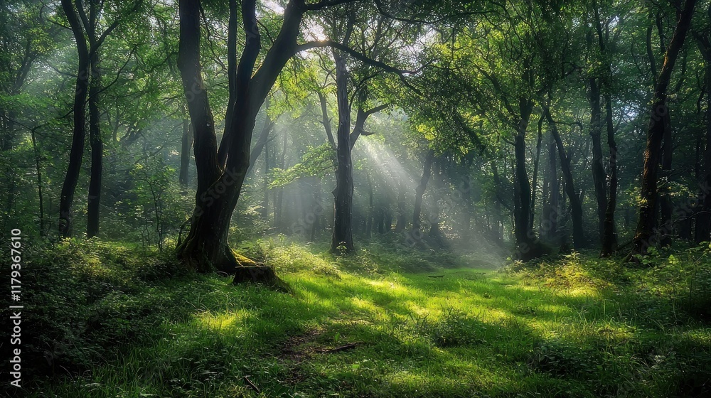 Fototapeta premium Sunbeams Dancing Through an Enchanting Forest
