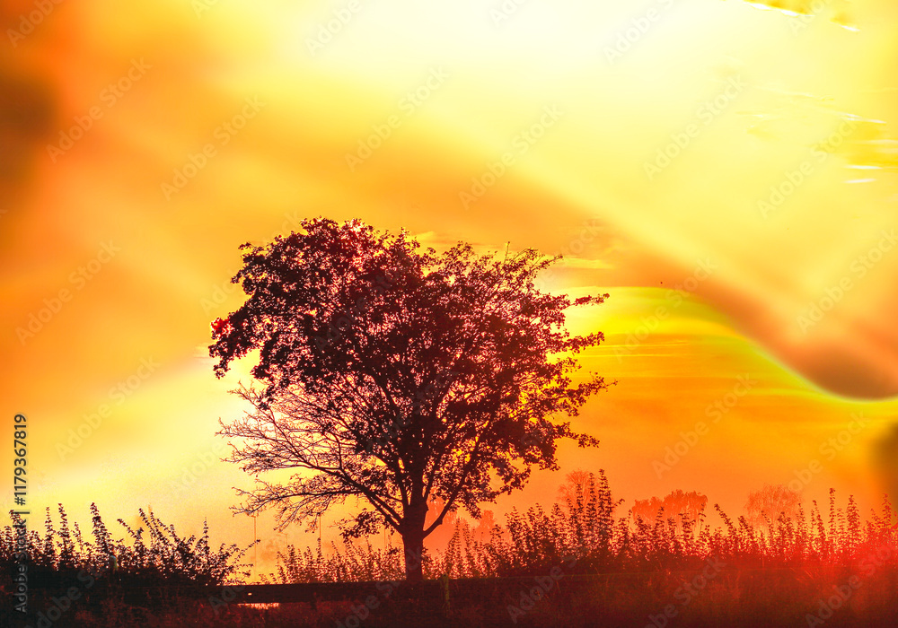 the elm tree in the shade of a beautiful sunrise