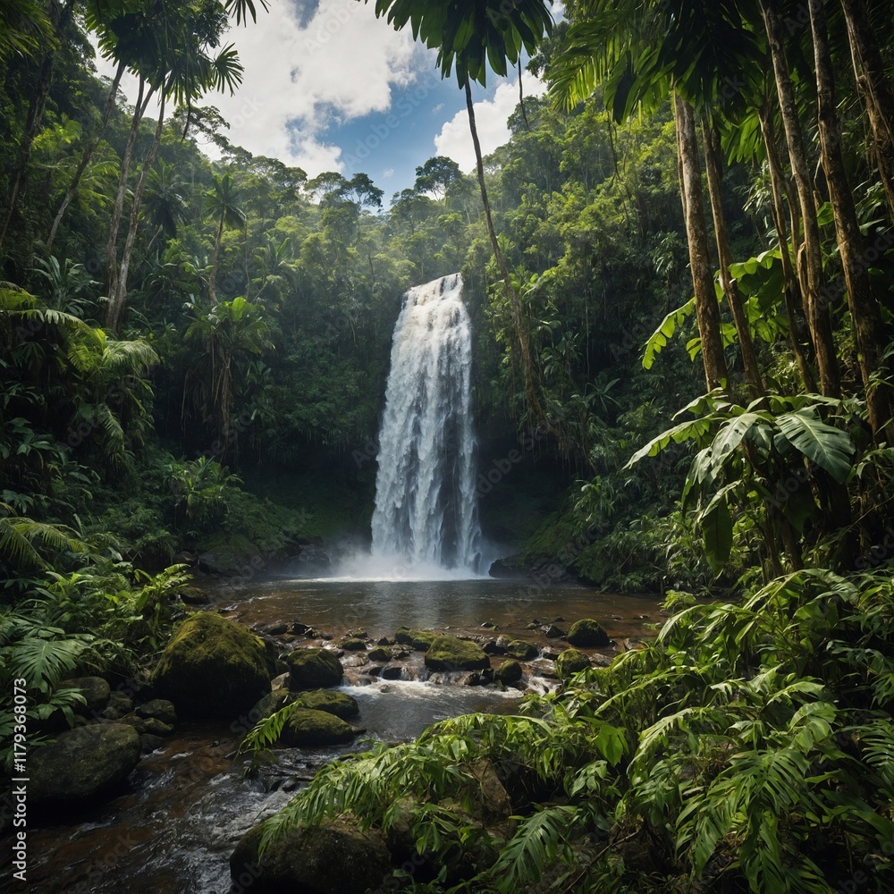 A wide-angle view of a tropical rainforest with a waterfall in the distance. A wide-angle view of a tropical rainforest with a waterfall in the distance.
