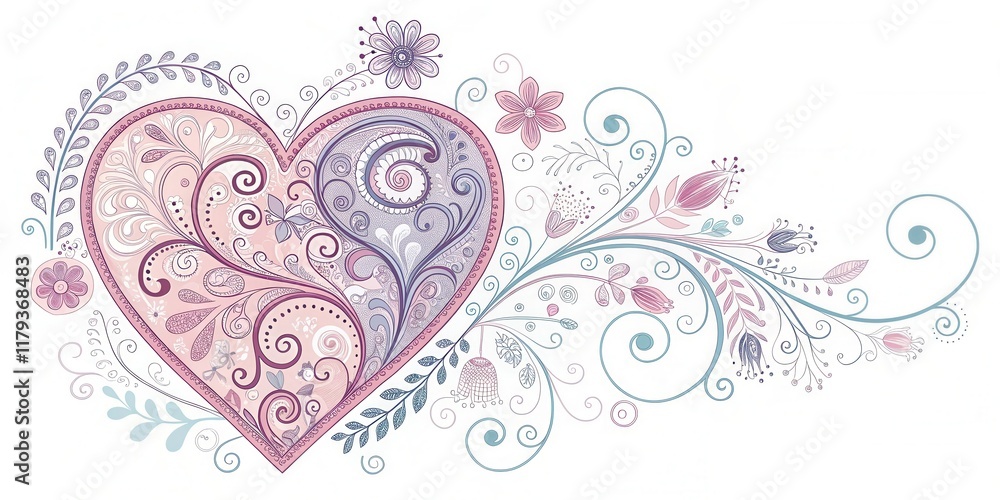 An ornate heart design adorned with delicate floral swirls and pastel blossoms, a romantic illustration An ornate heart design adorned with delicate floral swirls and pastel blossoms, a romantic illustration