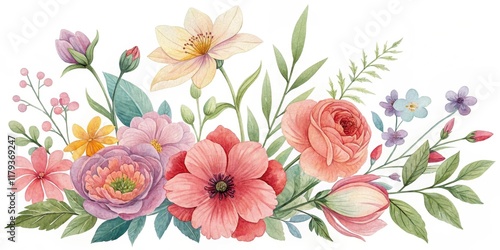 A Delicate Watercolor Painting of a Lush Floral Arrangement Featuring a Variety of Blooms and Greenery