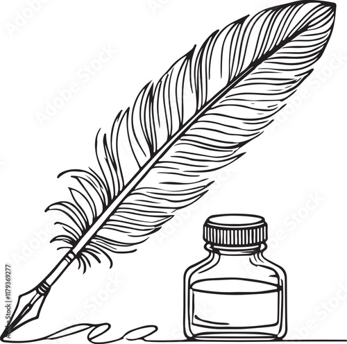 Feather Quill and Ink Bottle Minimalist Line Drawing Vector Art