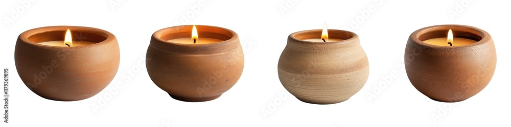 Handcrafted Clay Candle Holders with Subtle Texture and Elegant Flames on Transparent Background Handcrafted Clay Candle Holders with Subtle Texture and Elegant Flames on Transparent Background