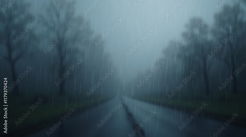 Obraz premium Rainy Road, Gloomy Atmosphere, Trees in the Mist